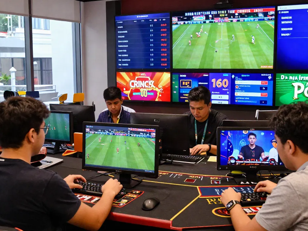 Exciting scene of lotus365 users engaging in online betting for cricket, football, and tennis with vibrant casino games surrounding them.