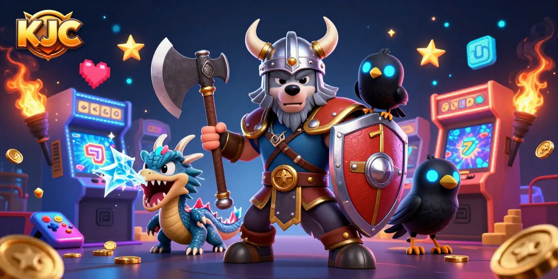 KJC invites players to engage with a vibrant casino scene featuring a Viking warrior and dragon.