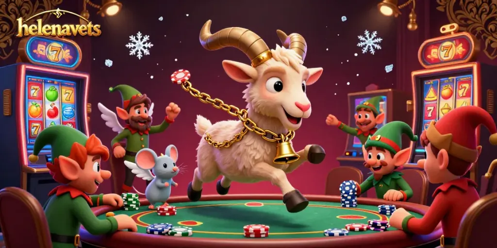 helenavets showcases a festive Krampus goat and playful characters in a captivating casino scene.