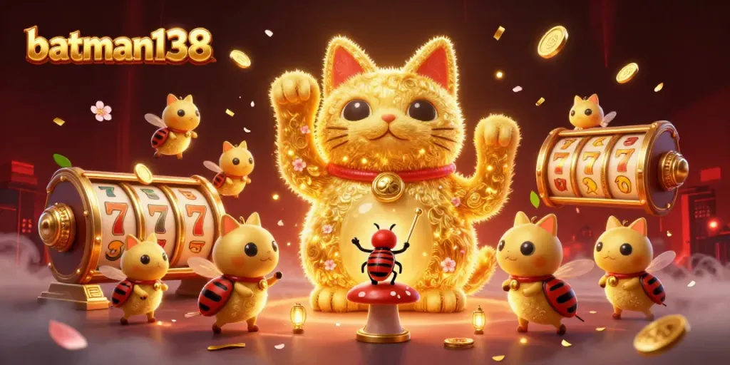 Bermain slot dengan batman138, kucing beruntung melambai di tengah simbol kasino.