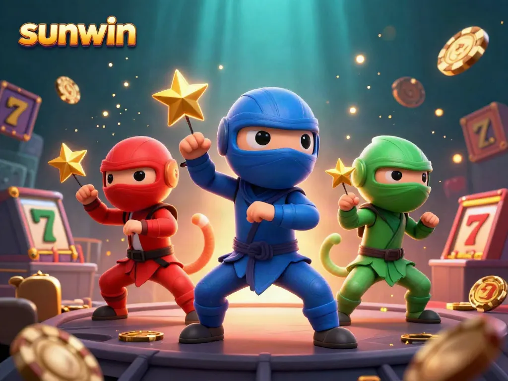 Dynamic casino action features sunwin chameleons competing amidst flying slot reels and casino chips.