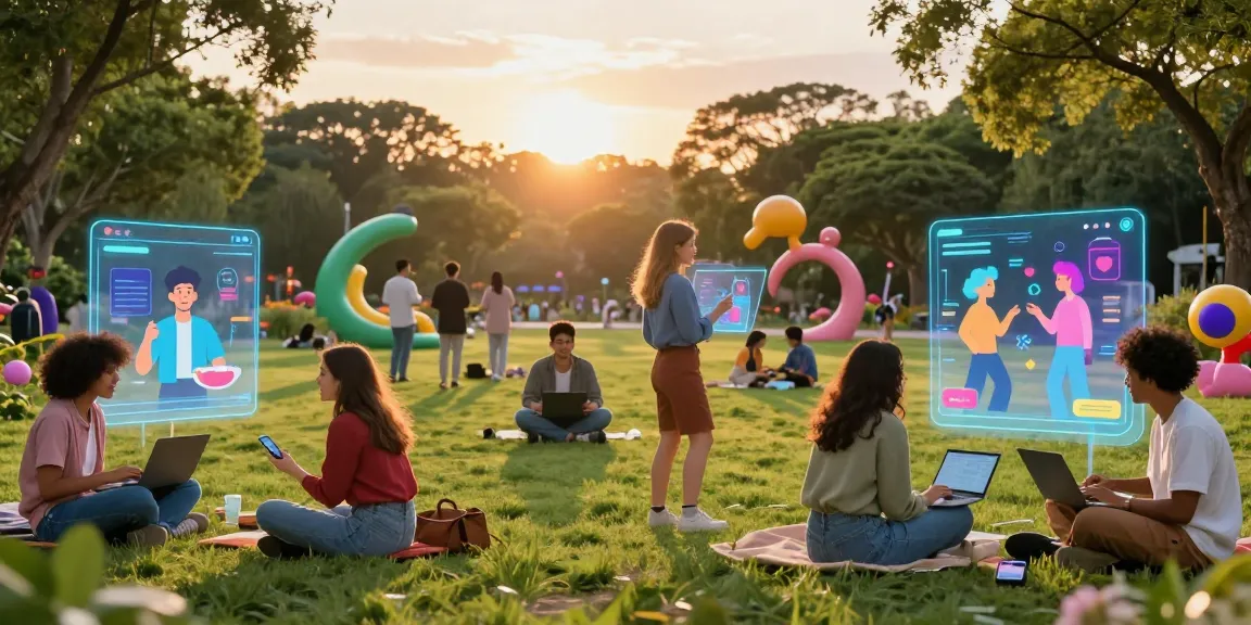 Engaging scene of people interacting with NSFW AI companions in a digital park.