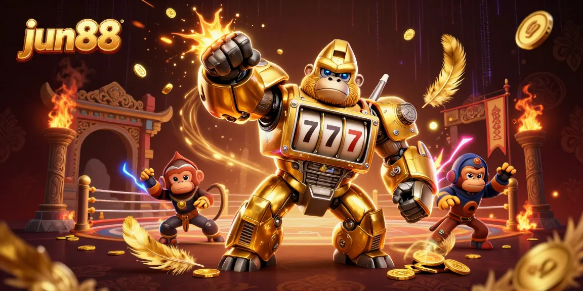 Join the action at jun88 with a golden gorilla mech celebrating casino wins amidst swirling game elements and excitement.