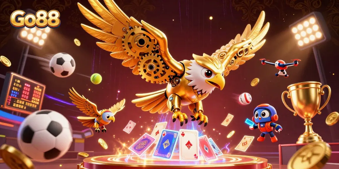 Experience thrilling gameplay at Go88 with a high-energy 3D illustration featuring vibrant sports elements.