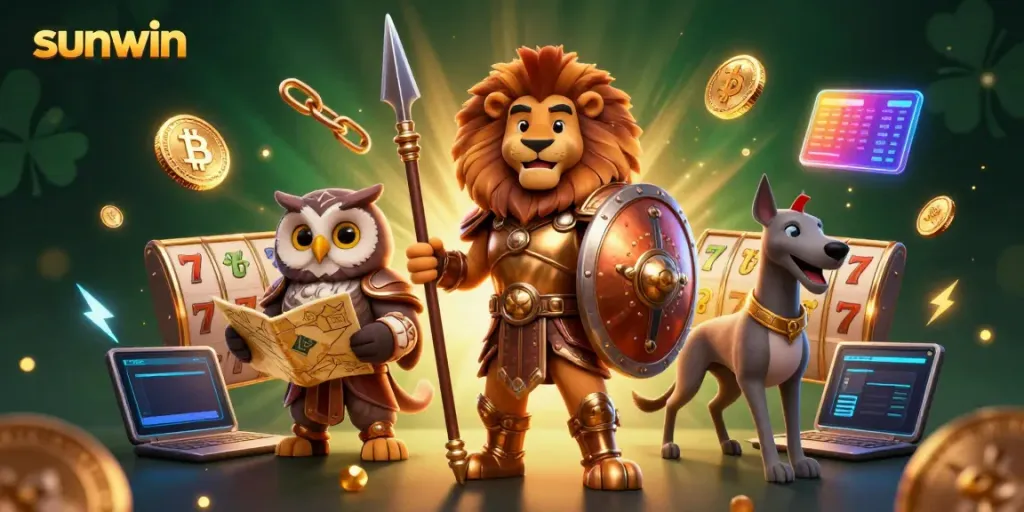 Engage in thrilling slots at sunwin with a Spartan lion leading the game, surrounded by neon cryptocurrency elements.