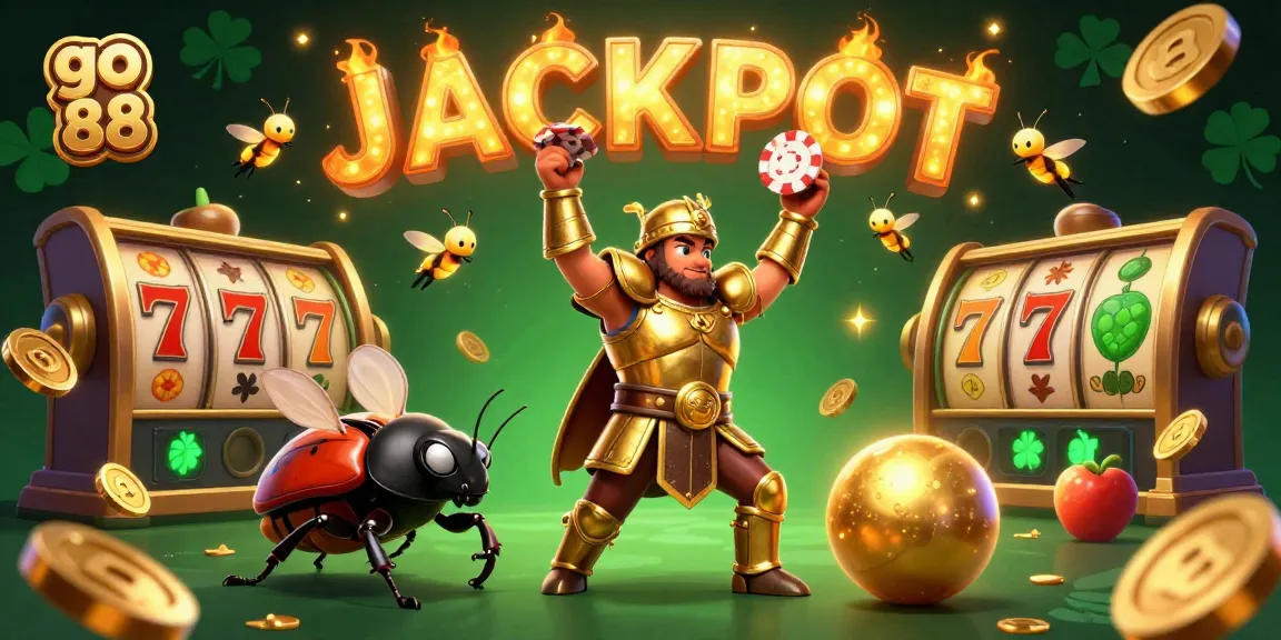 Engage with the go 88 slot machine experience featuring a victorious hercules beetle and vibrant gambling elements.