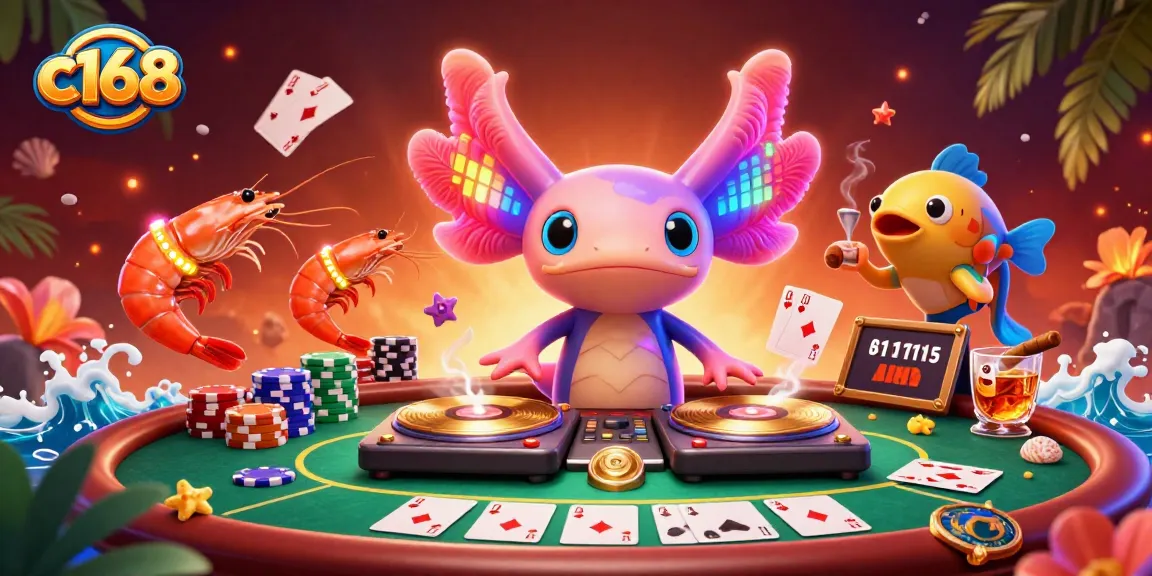 C168 gaming scene featuring a lively axolotl DJ, poker elements, and vibrant underwater characters, enhancing the casino experience.