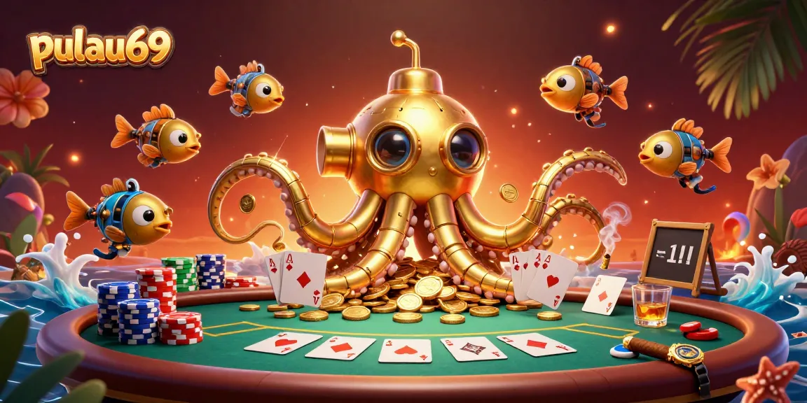 pulau69 dives into excitement with a golden kraken submarine amidst poker chips and cards.
