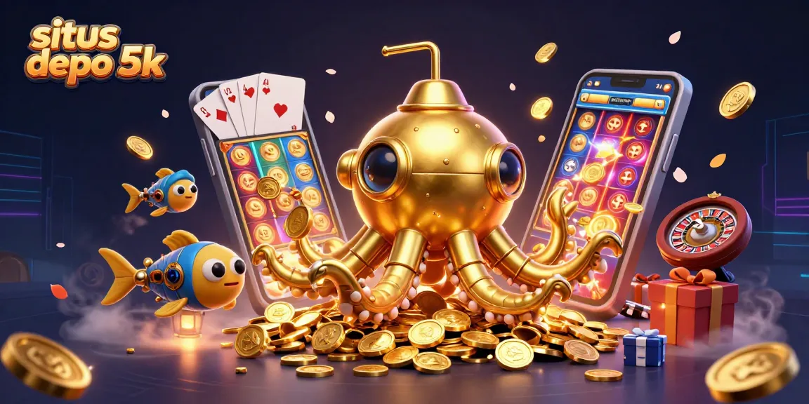 Experience the excitement of situs depo 5k with spinning reels, golden coins, and vibrant casino elements.