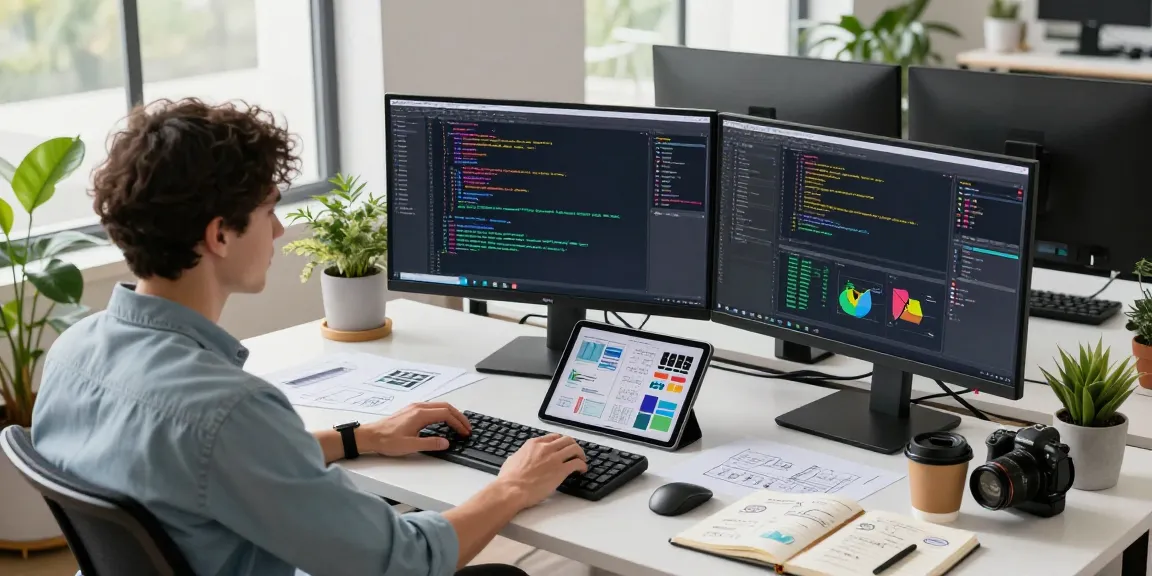 Developer di https://miami4d.com/ sedang bekerja dengan laptop dan monitor, menciptakan suasana produktif di kantor modern.