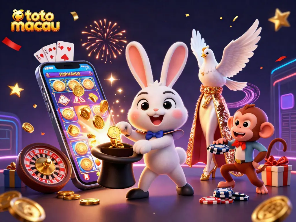 Menyaksikan toto macau di hasil pengundian dengan karakter kartun menarik dalam suasana meriah dan penuh detail.