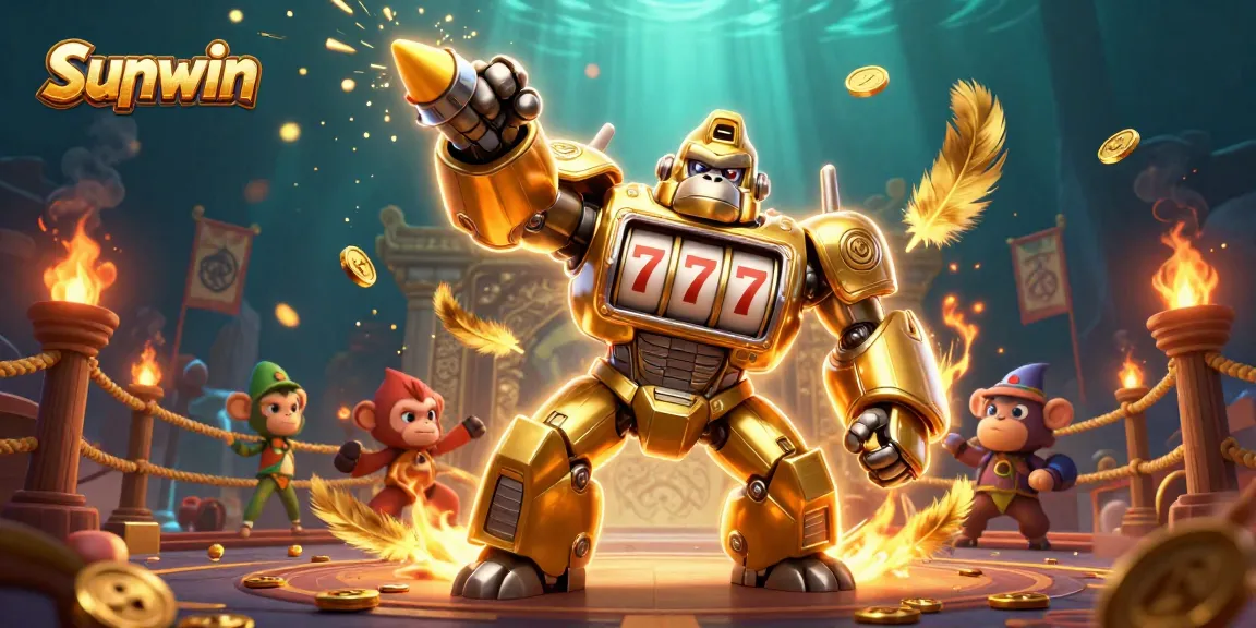 Play exciting casino games with thrilling action in Sunwin's vibrant 3D illustration of a golden mech.