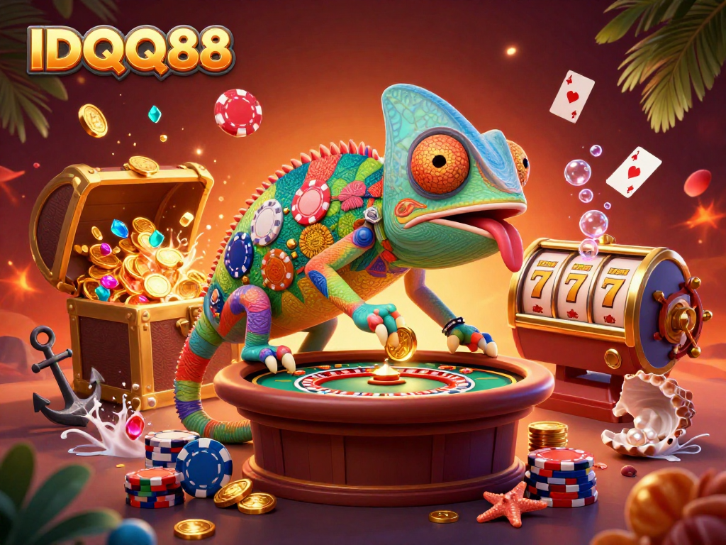 Experience winning strategies with IDQQ88 in a vibrant casino scene featuring chameleons and treasure.