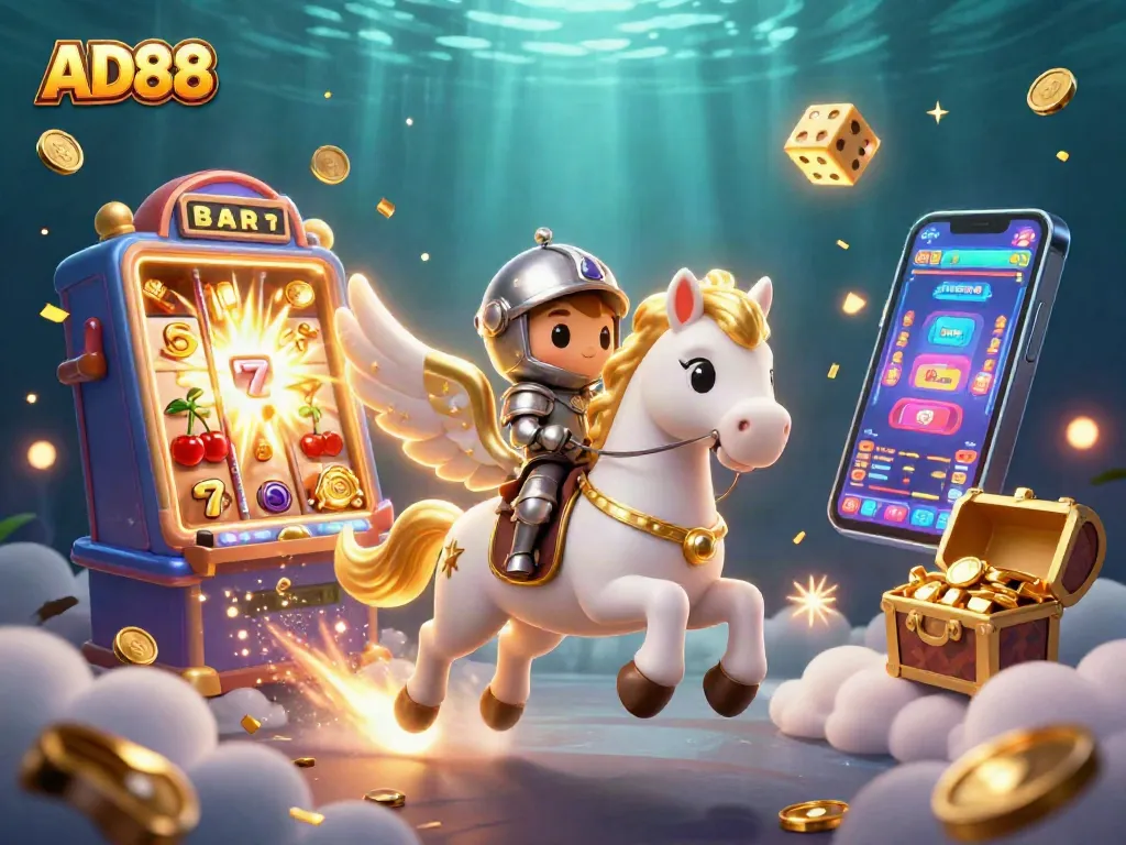 Experience the excitement of AD88 with a vibrant 3D casino scene filled with jackpot elements.