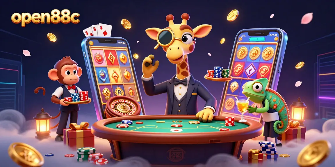 Play exciting games at open88c with a high-roller giraffe, monkey valet, and chameleon bartender.