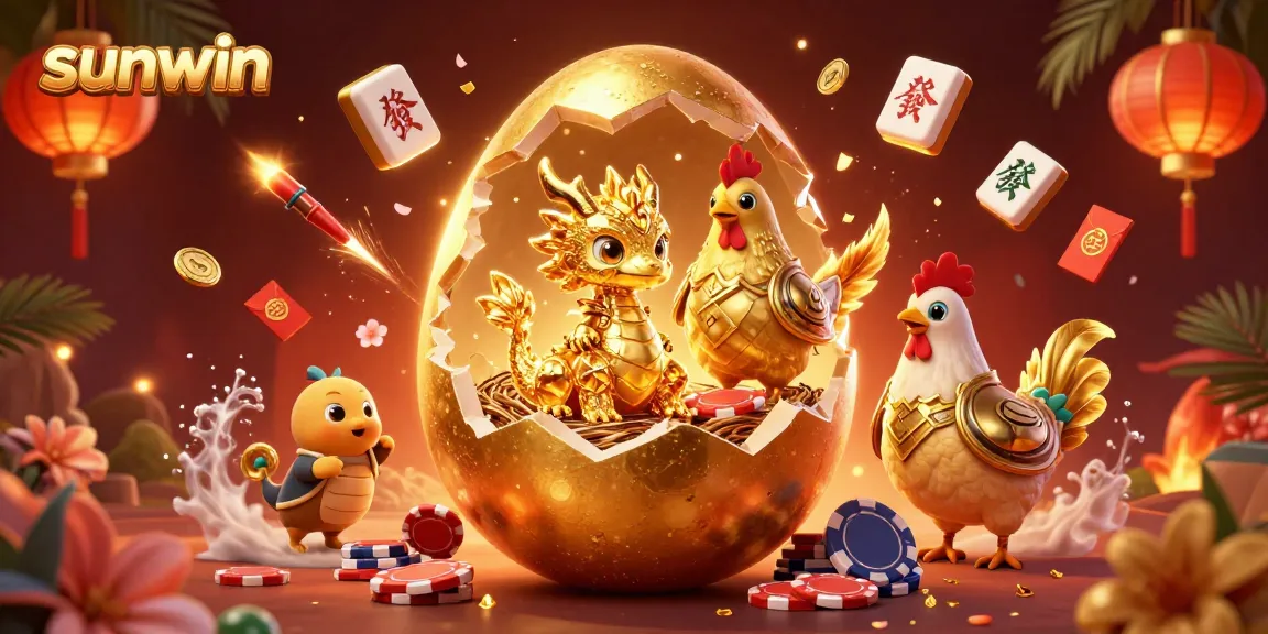 Experience the excitement of sunwin with a vibrant 3D illustration showcasing a golden dragon, poker chips, and festive elements.