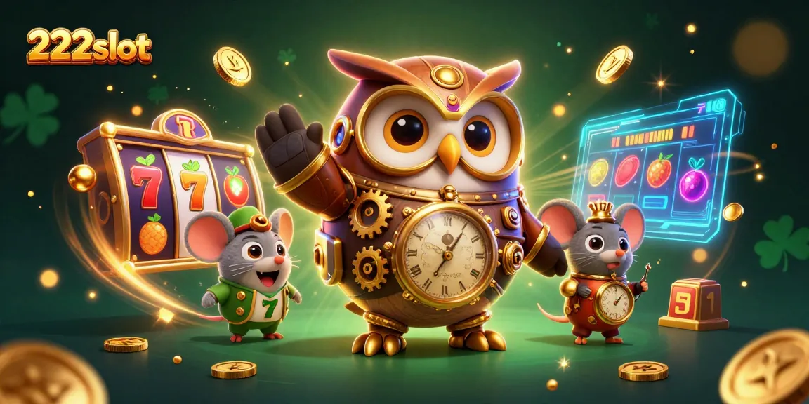 Bermain slot gacor di 222slot dengan karakter burung hantu dan simbol kemenangan berkilau.
