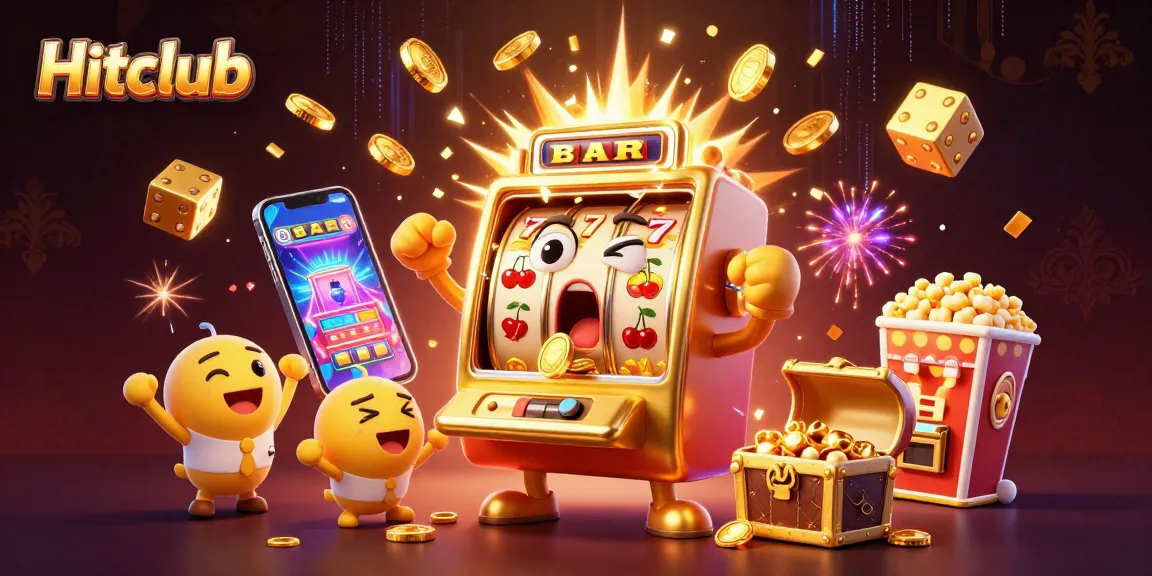 Hitclub's animated scene depicts a joyful golden slot machine celebrating a jackpot victory with baby companions as coins rain down.