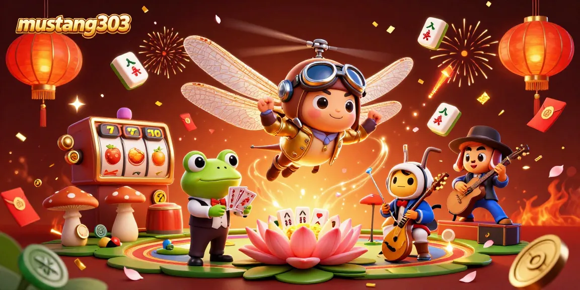 Spin the reels with mustang303 in a vibrant casino scene featuring a dragonfly pilot and frog croupier.