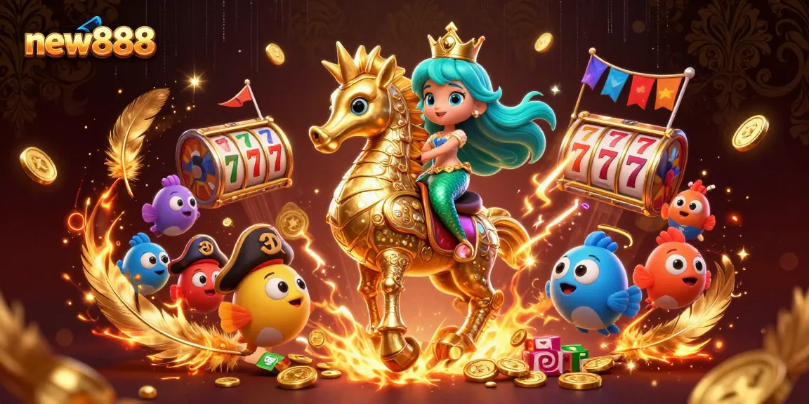 Experience thrilling wins with new888 as a mermaid princess rides into a vibrant casino adventure.