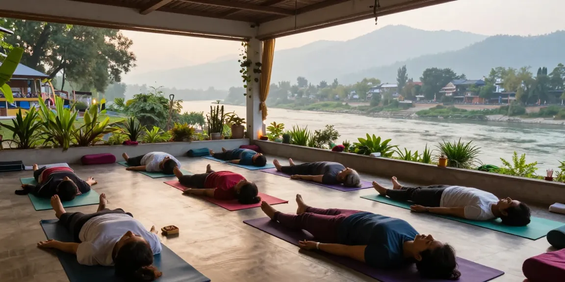 Best Yoga teacher training course in rishikesh students practicing yoga in a serene studio by the Ganges