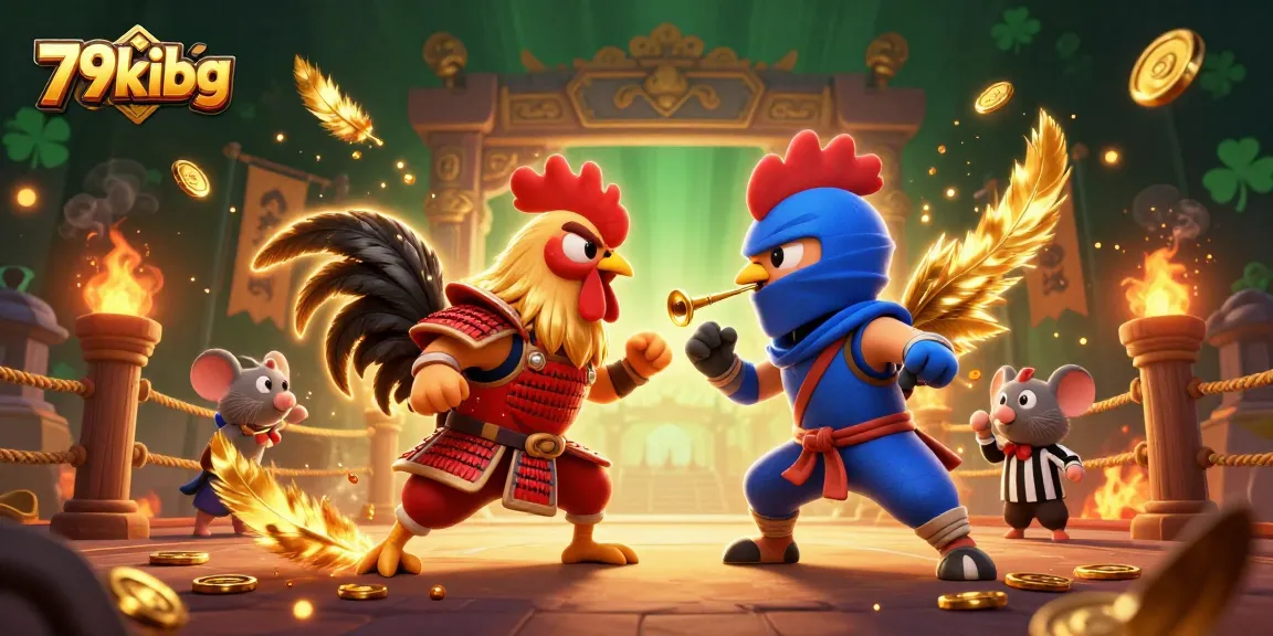 Engage with the thrilling action of 79kibg featuring fighting roosters in a vibrant casino scene.