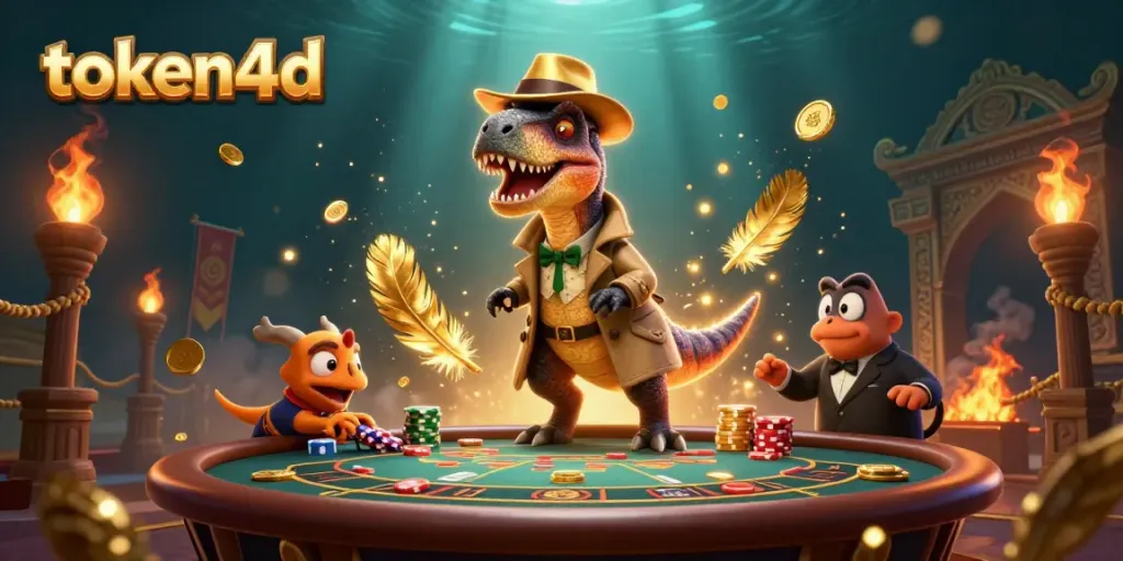 Menunjukkan token4d dalam adegan dinamis dengan raptor kartun yang menyamar di meja blackjack.