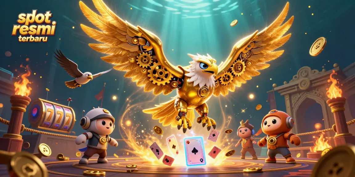 Menyajikan slot resmi terbaru dengan ilustrasi 3D elang cybernetic yang dinamis di dunia perjudian, dikelilingi slot dan uang koin.