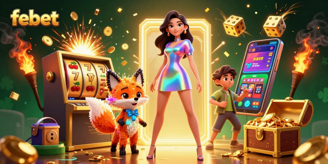 Experience the febet excitement with vibrant 3D casino elements and a dazzling woman surrounded by winnings.