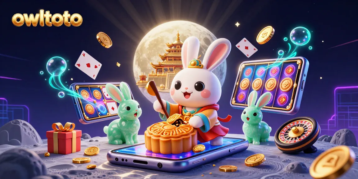 owltoto showcases a vibrant 3D scene depicting gambling excitement with a moon rabbit theme and casino elements.