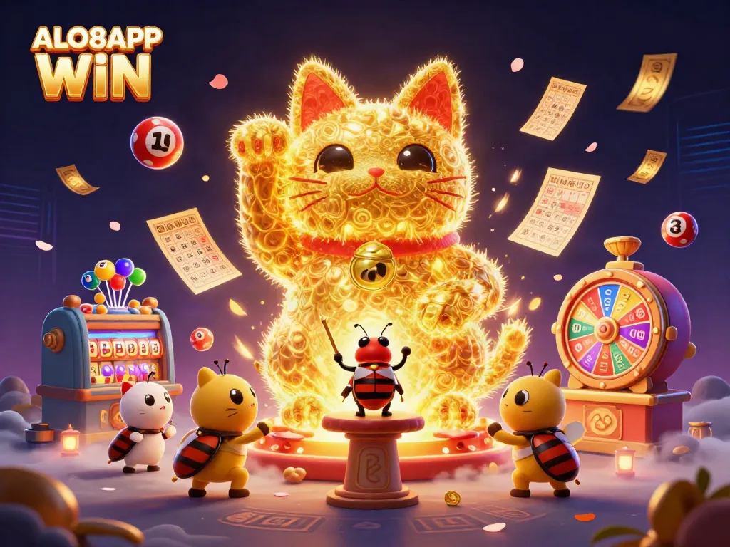 Experience the excitement of gambling with ALO8APP WIN, as a lucky cat symbol and dynamic casino elements come to life.