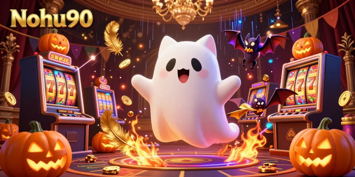 Nohu90 invites players to experience thrilling slots with a ghost cat and vampire bat in a richly illuminated casino.