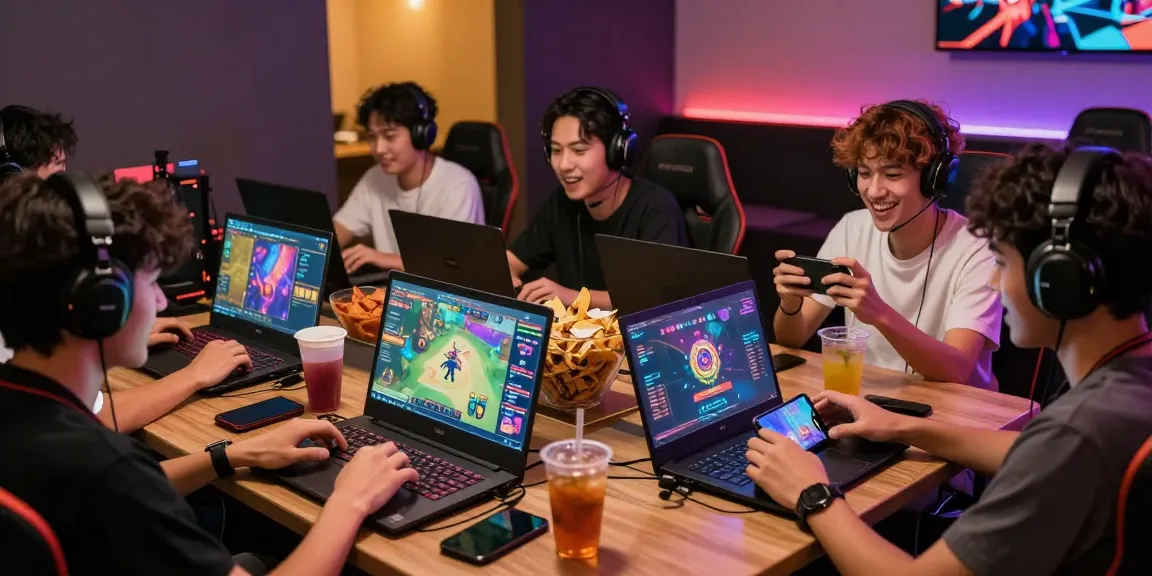 Friends engaging in game bài đổi thưởng online with vibrant graphics in a lively gaming lounge.