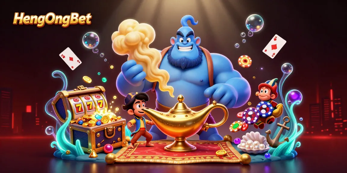 Experience the magic of HengOngBet with our lively 3D casino scene featuring iconic elements of gaming.