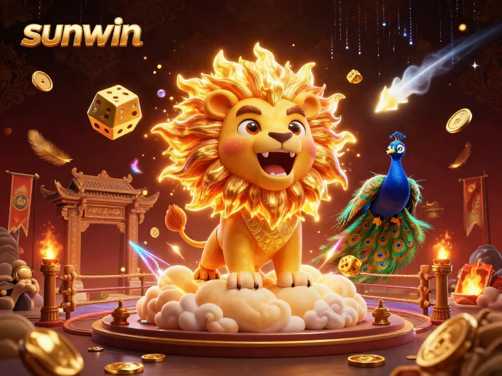 Experience thrilling wins at sunwin with the vibrant sun lion and golden dice in a dynamic casino scene.