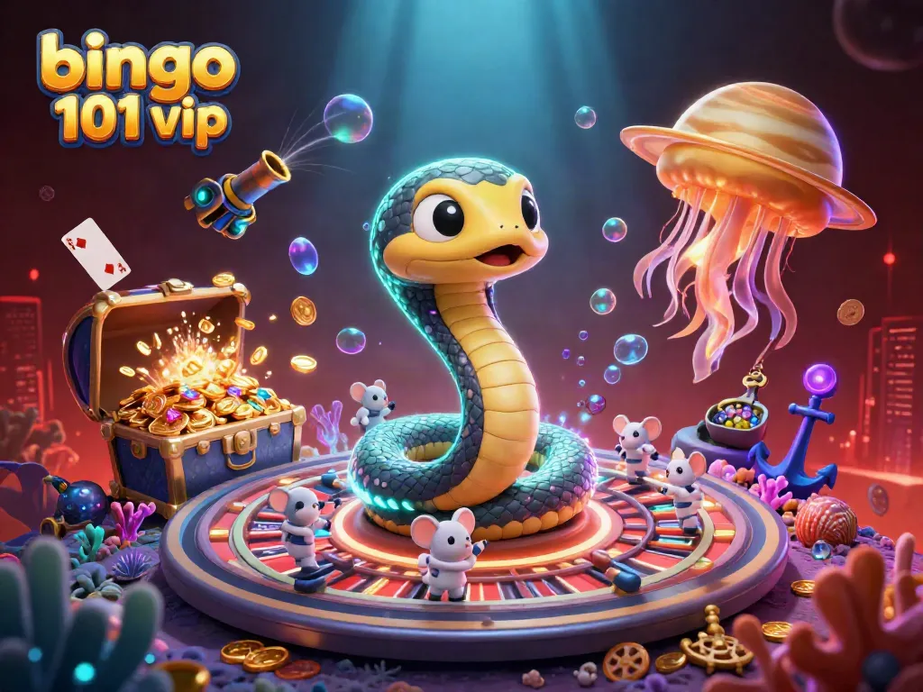 Permainan bingo 101 vip dengan karakter unik yang berinteraksi di latar belakang luar angkasa.