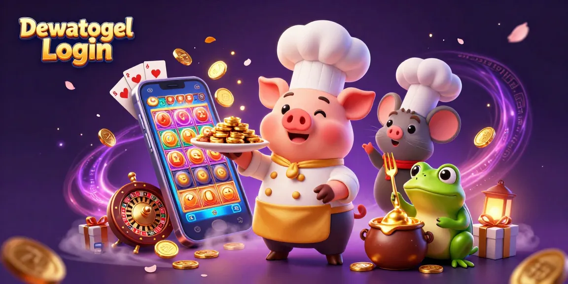 Spin and win with Dewatogel Login, as a chef pig serves gold coins amidst vibrant casino elements.