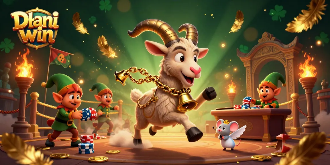 Dhani win casino illustration with a Krampus goat, angel mouse, and gremlins in a vibrant scene.