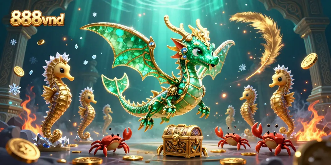 Experience the thrill of 888vnd with a vibrant casino-themed 3D illustration showcasing a sea dragon and treasure.