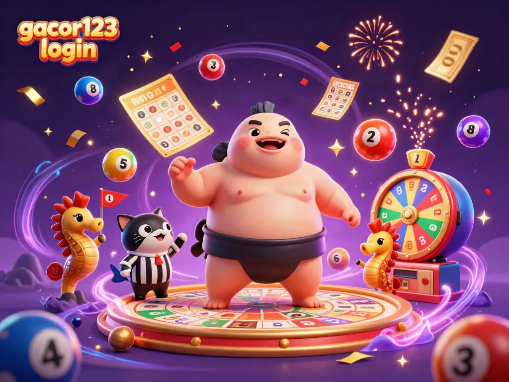 Engage with gacor123 login through an energetic 3D casino scene featuring a fugu, catfish referee, and colorful lottery elements.