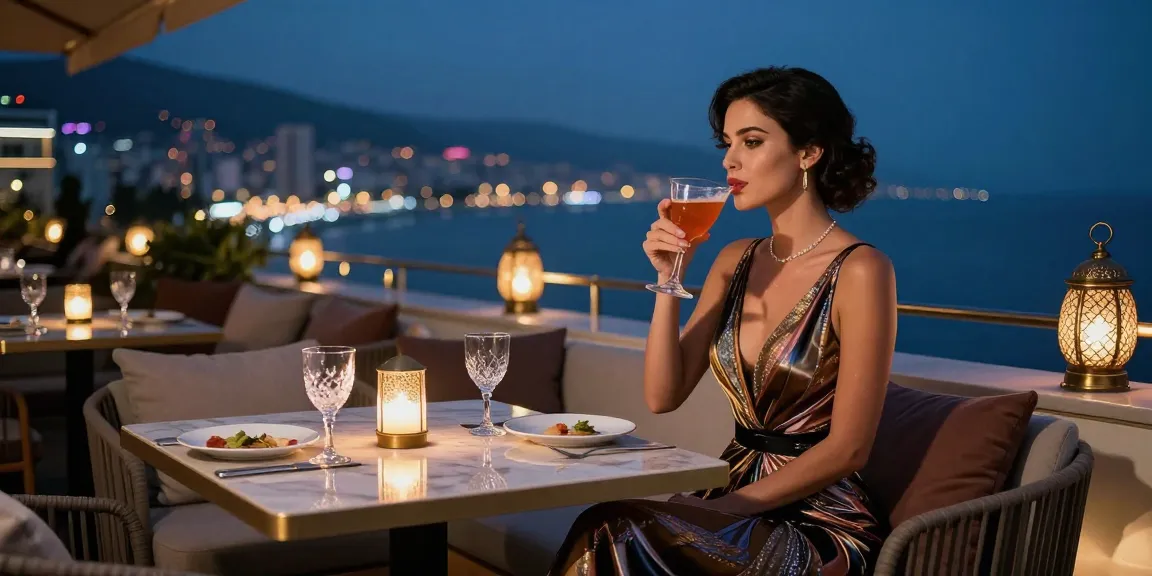Stylish woman enjoying a cocktail in Batumi, representing escort batumi services with luxurious nightlife.