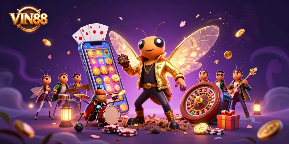 Engage in thrilling gameplay with VIN88's vibrant 3D casino scene featuring dynamic characters and iconic gaming elements.