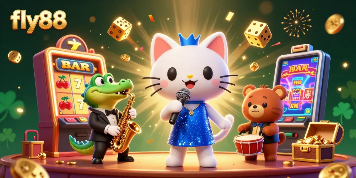 Experience the excitement of fly88 with a dazzling 3D illustration featuring vibrant casino elements and lively characters.