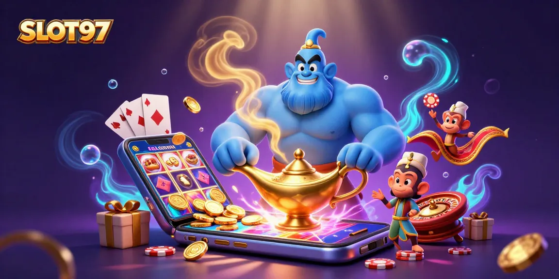 SLOT97 captures big wins with a magical genie, vibrant casino elements, and thrilling gameplay.