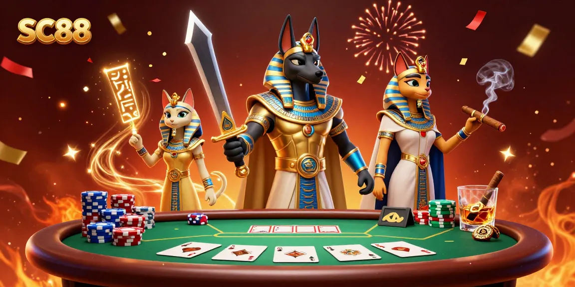 SC88 players engage in a thrilling poker game surrounded by vibrant elements, showcasing excitement and strategy.