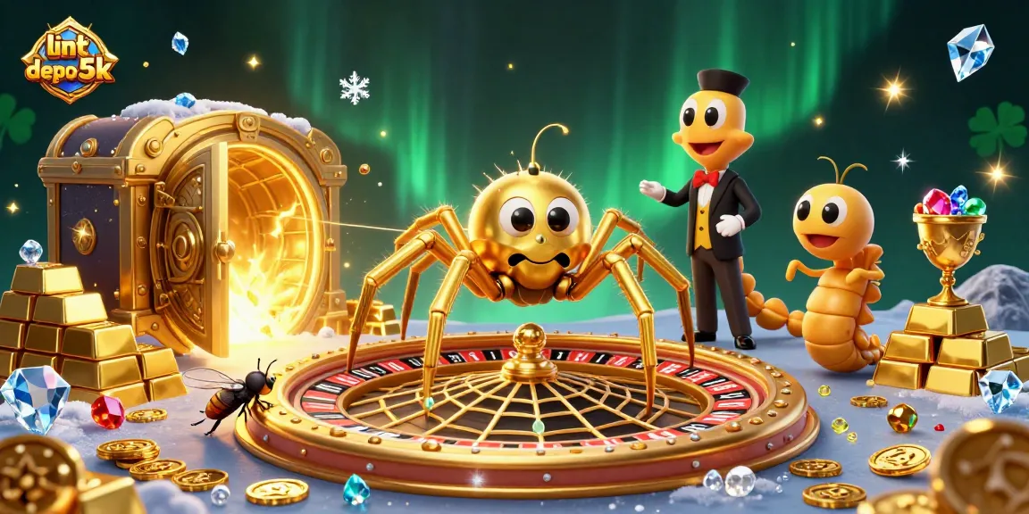Spinning roulette wheel web featuring a golden spider and a betting fly at link slot depo 5k site.