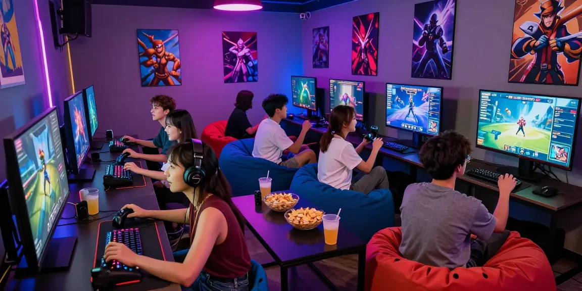 Gameplay session featuring luck-33 modded games in a lively gaming lounge with vibrant lighting and engaged players.