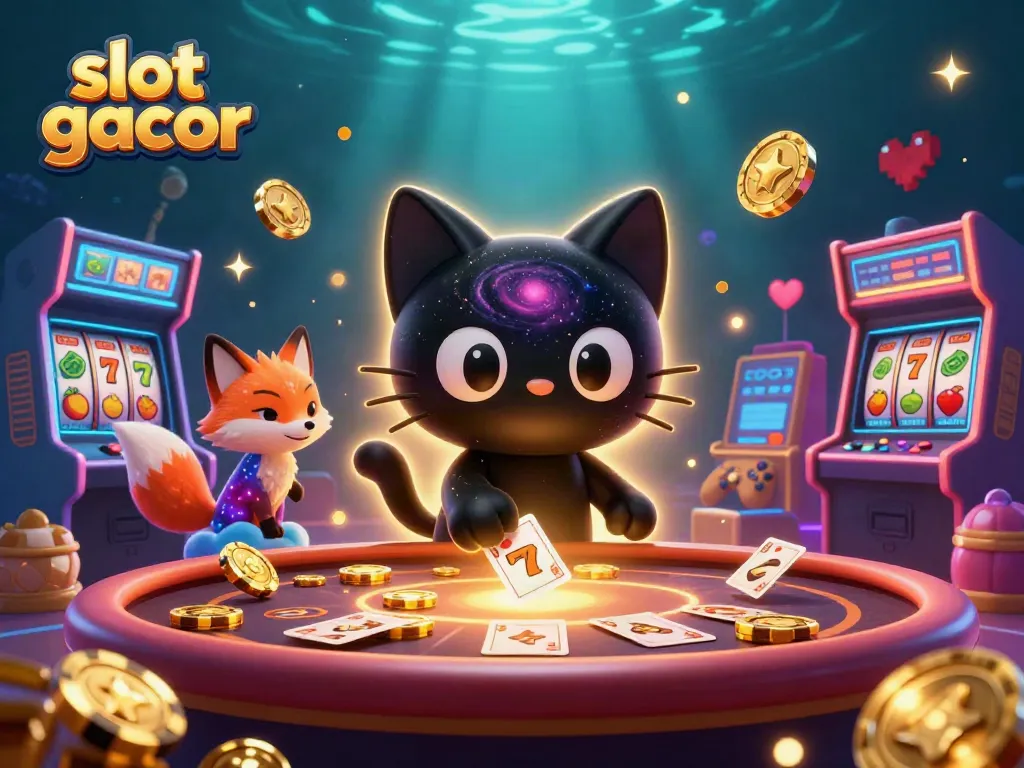 Engage with slot gacor gameplay featuring a cosmic casino scene filled with animated characters and winning symbols.
