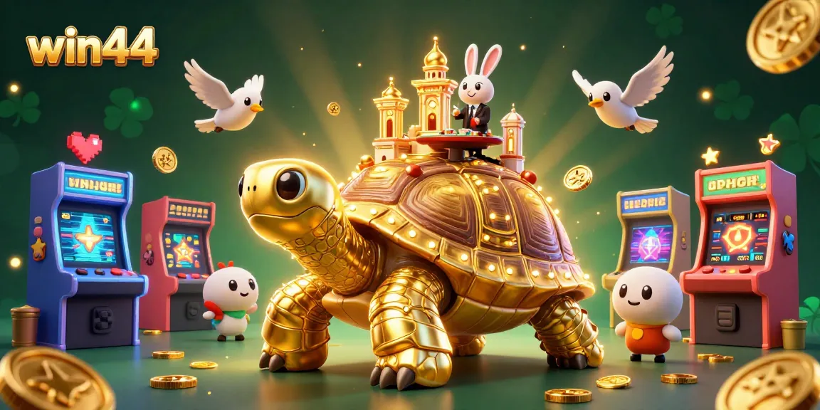 Experience the thrill of win44 with a vibrant casino scene featuring a giant tortoise and golden coins.