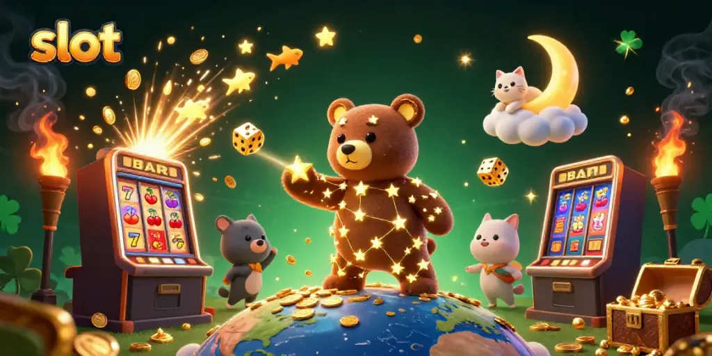 Celebrate jackpots with a vibrant scene featuring an animated constellation bear, slot machine, and golden coins.